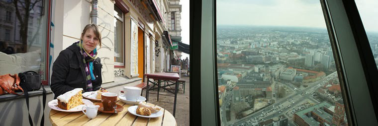On the left, cake – it really was as big as it looks. View from Fernsehturm on right (source - Calum)